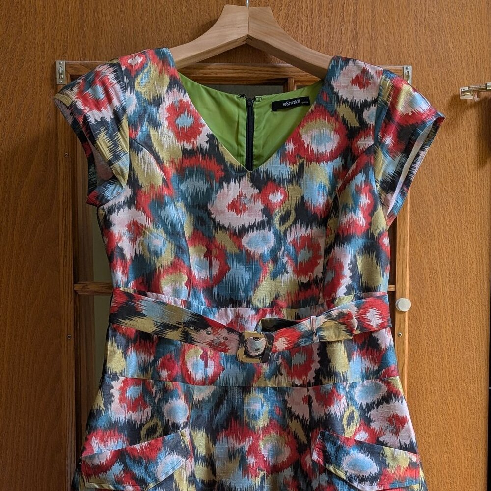 eShakti Multicolor Ikat Print Belted Fit & Flare Dress - Medium